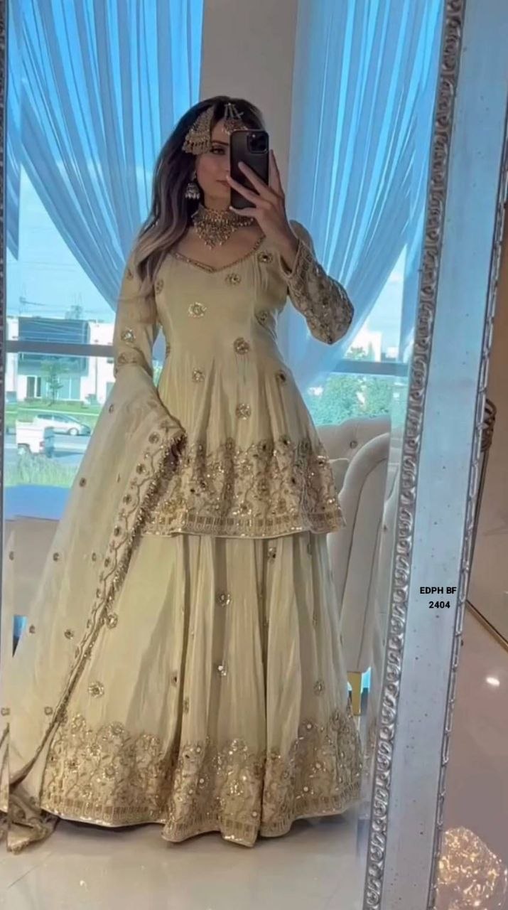 Gold Embroidery Cream Lehenga